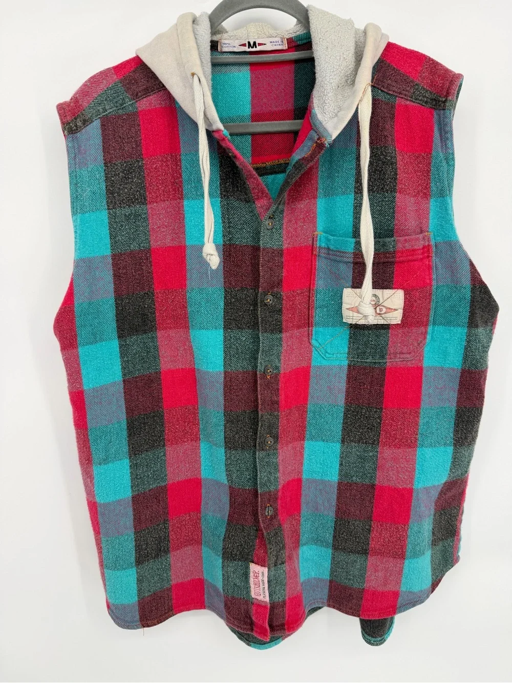 Vintage Quiksilver Red & Teal Plaid Hooded Flannel Vest